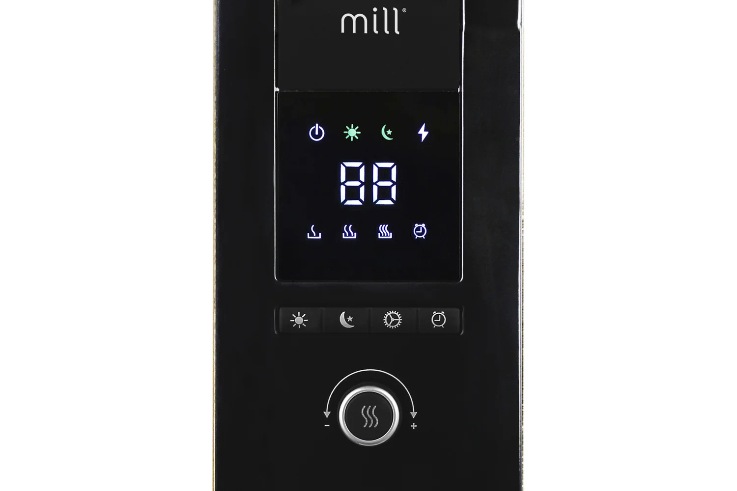 Mill AB-H1000 DN Glass oil heater controls zoomed in