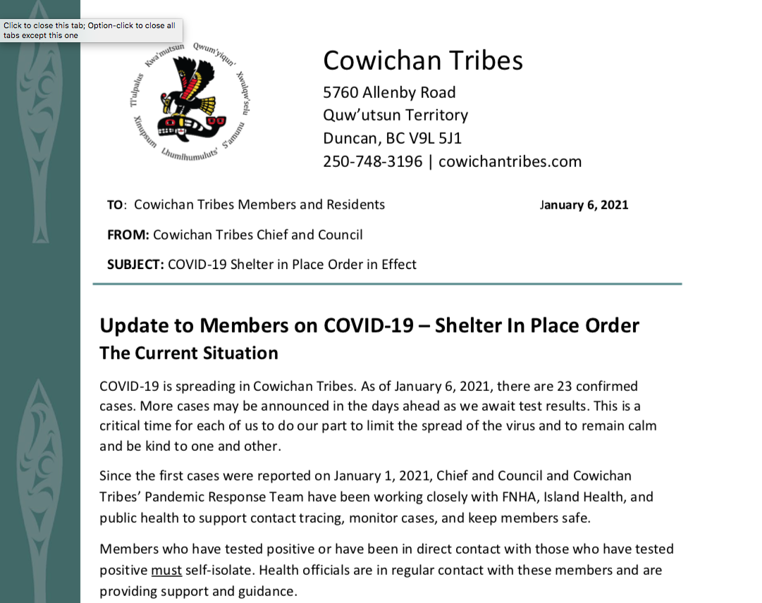 23 confirmed COVID-19 cases confirmed in Cowichan Tribe outbreak