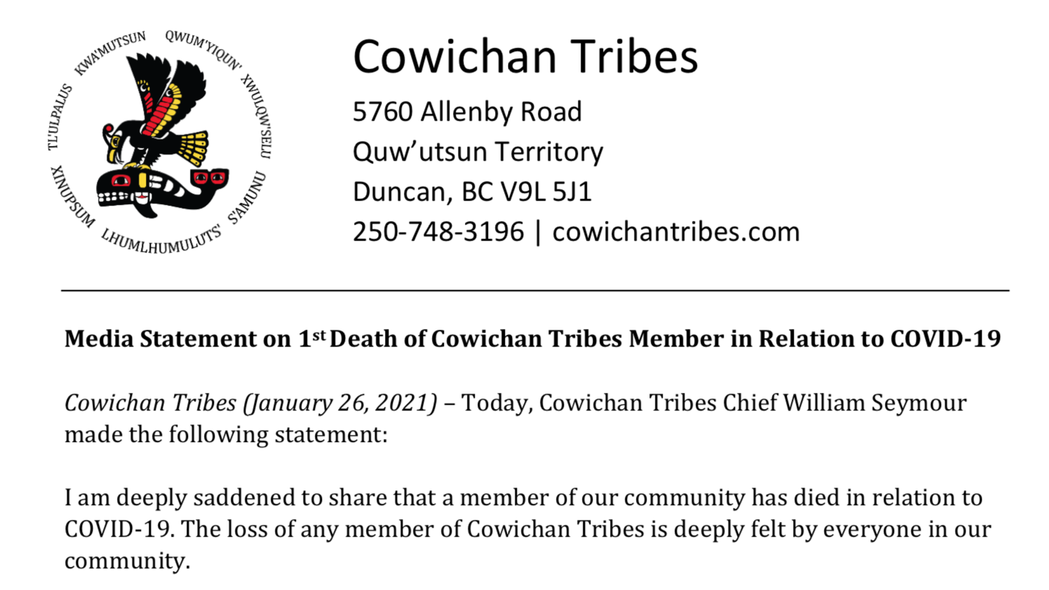 Death in Cowichan Tribes from COVID-19 outbreak