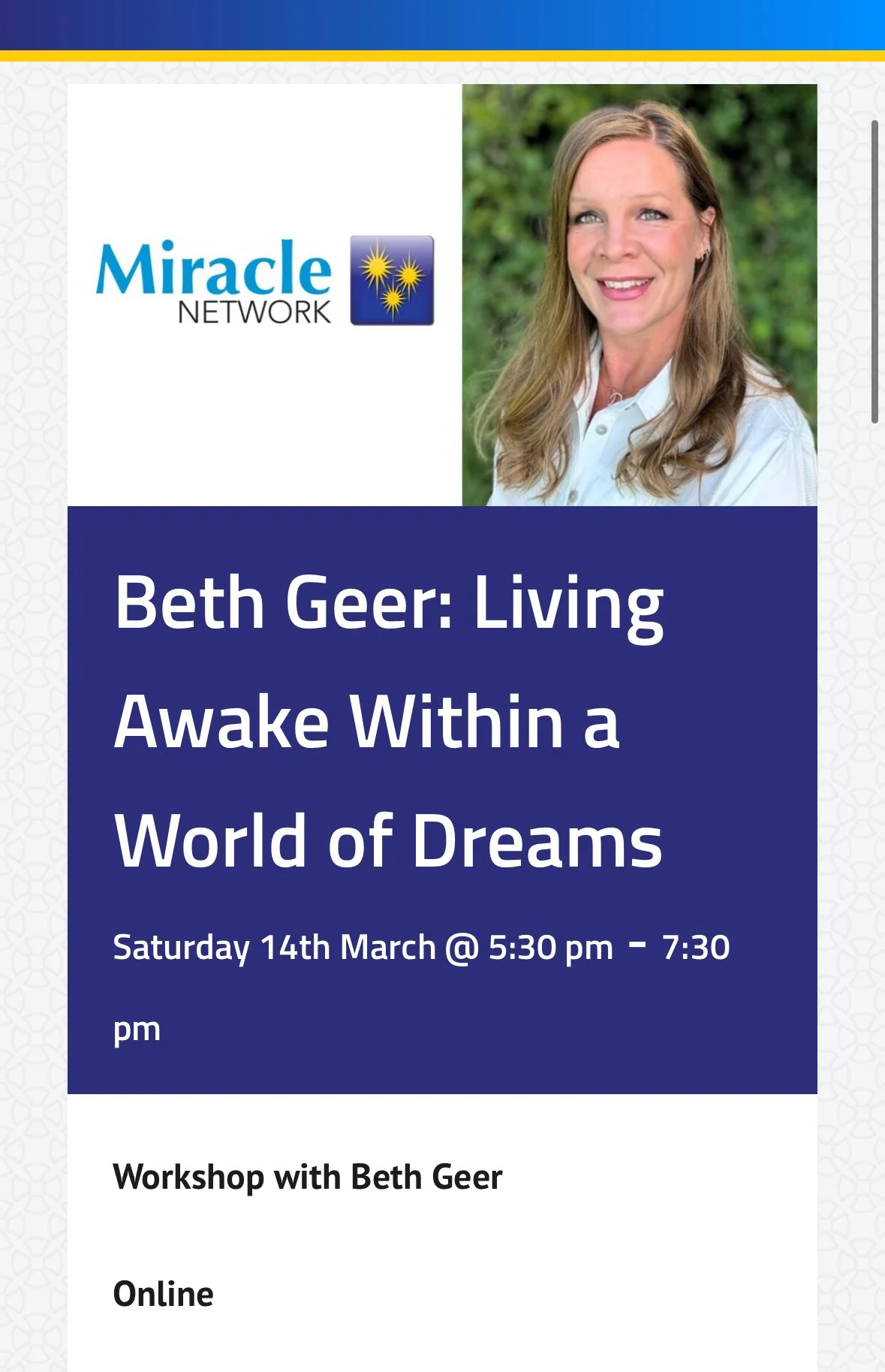 Miracle Network Event: Beth Geer — Living Awake Within a World of Dreams