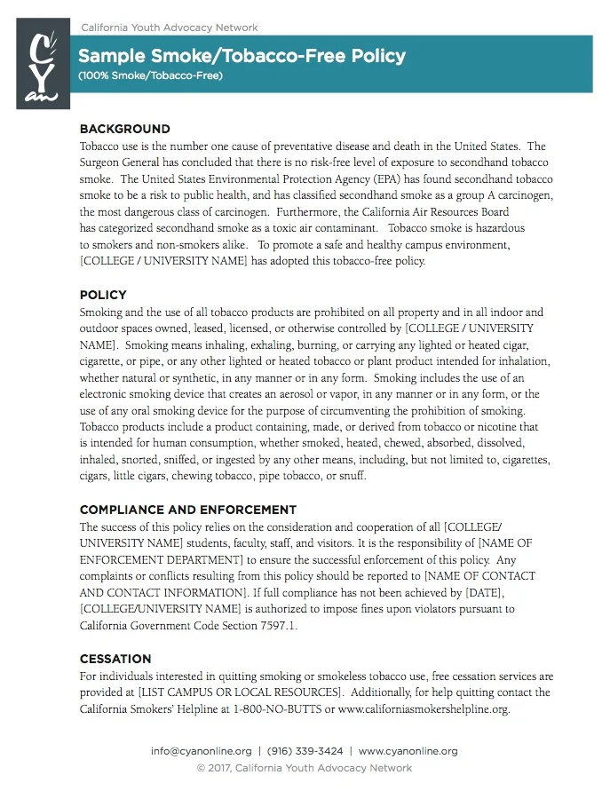 CYAN Sample 100% Tobacco-Free Policy