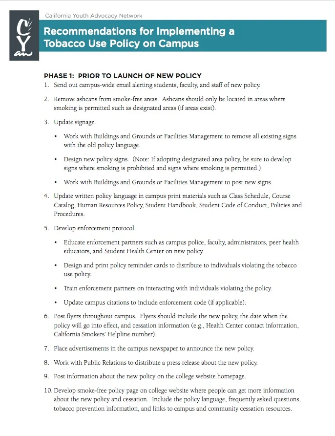 Recommendations for Implementing a Tobacco Use Policy on Campus