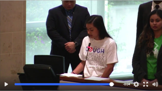 COUGH Student Advocate, Alyssa Juguilon, asks the CSU Chancellor's Office to Adopt a systemwide smoke and tobacco-free policy.