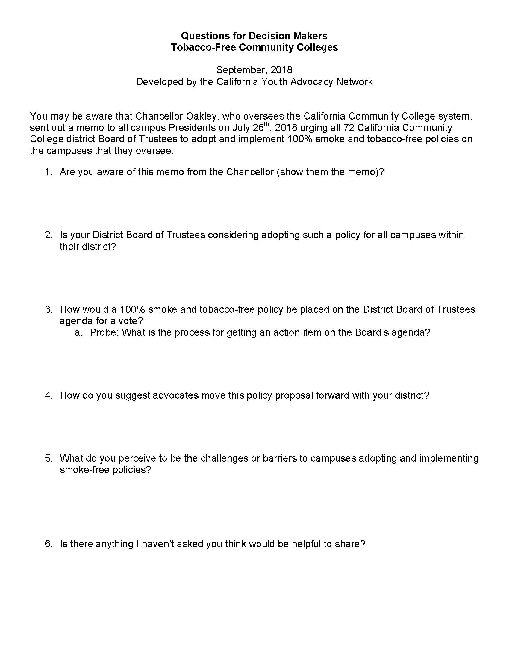 Community College Questions for Decision Makers