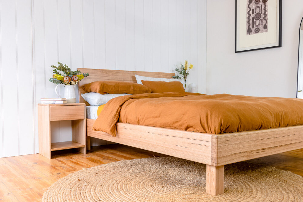 Timber Bed Frame With Angled Headboard, Bed Frame With Sloped Headboard