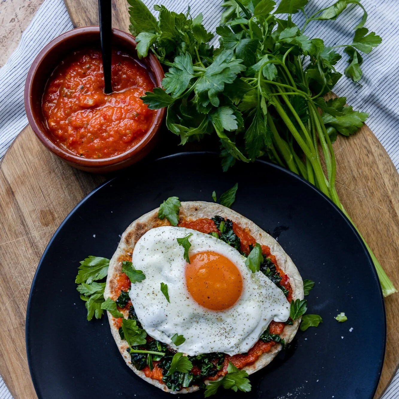 Fried Eggs and Flat Bread with a Roasted Capsicum Sauce