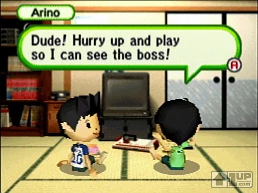 The dialogue between your character (left; can be male or female, too, to boot) and the young Arino takes you back to childhood thoughts on gaming. Image from 1up.com.