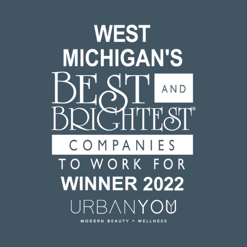 Graphic recognizing Urban You as West Michigan's best and brightest company to work for in 2022, awarded by URBANYOM for modern beauty and wellness.