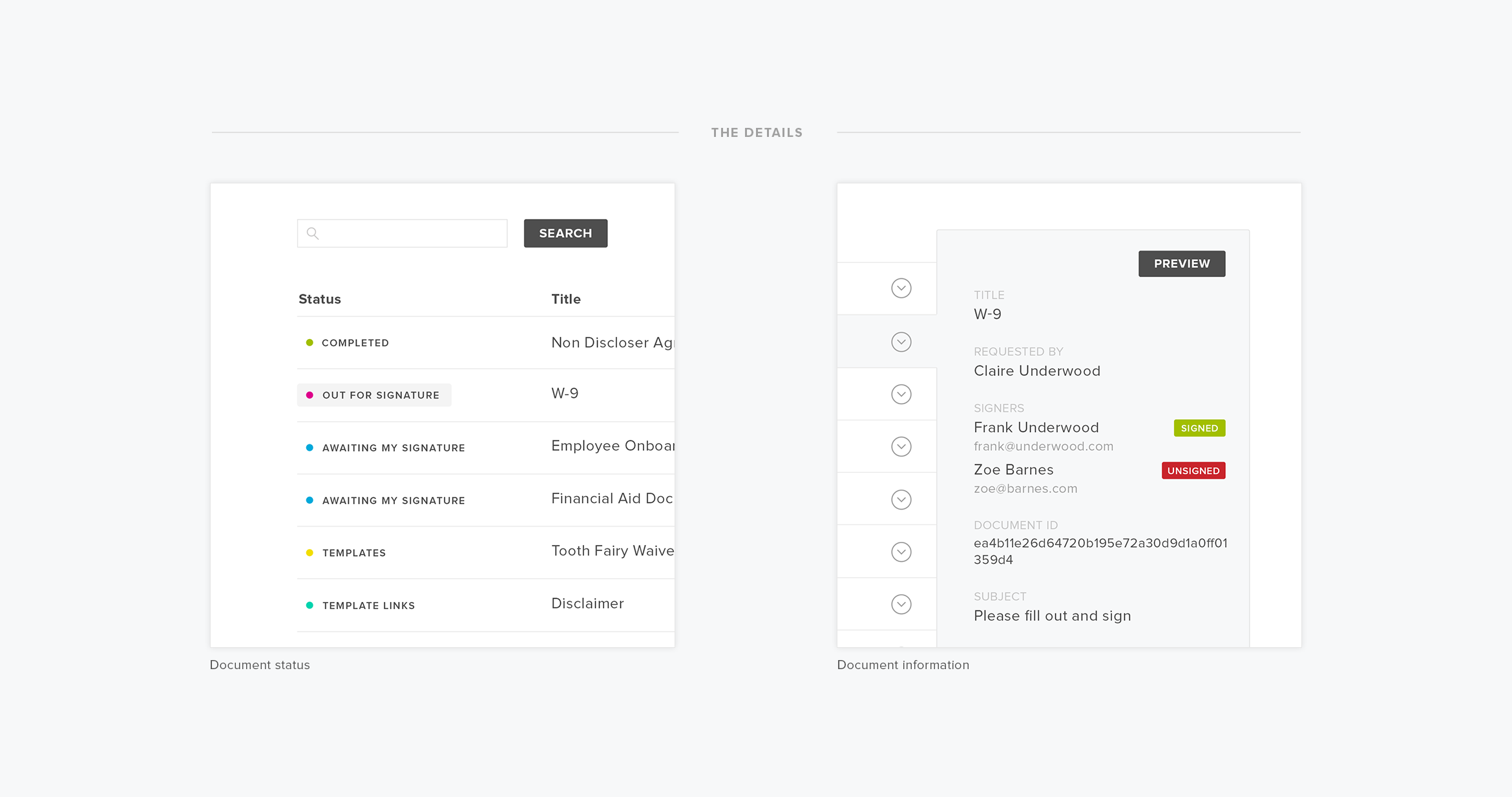 👆🏽 Our 'documents overview' page is where all your documents live. A couple of important changes on this page were: 1. We introduced a 'status' column to let users know where their document is in the transaction, at a glance. This proved to be a very useful addition to the documents page. 2. We redesigned the 'more details' tab to include a lot more information about the transaction.