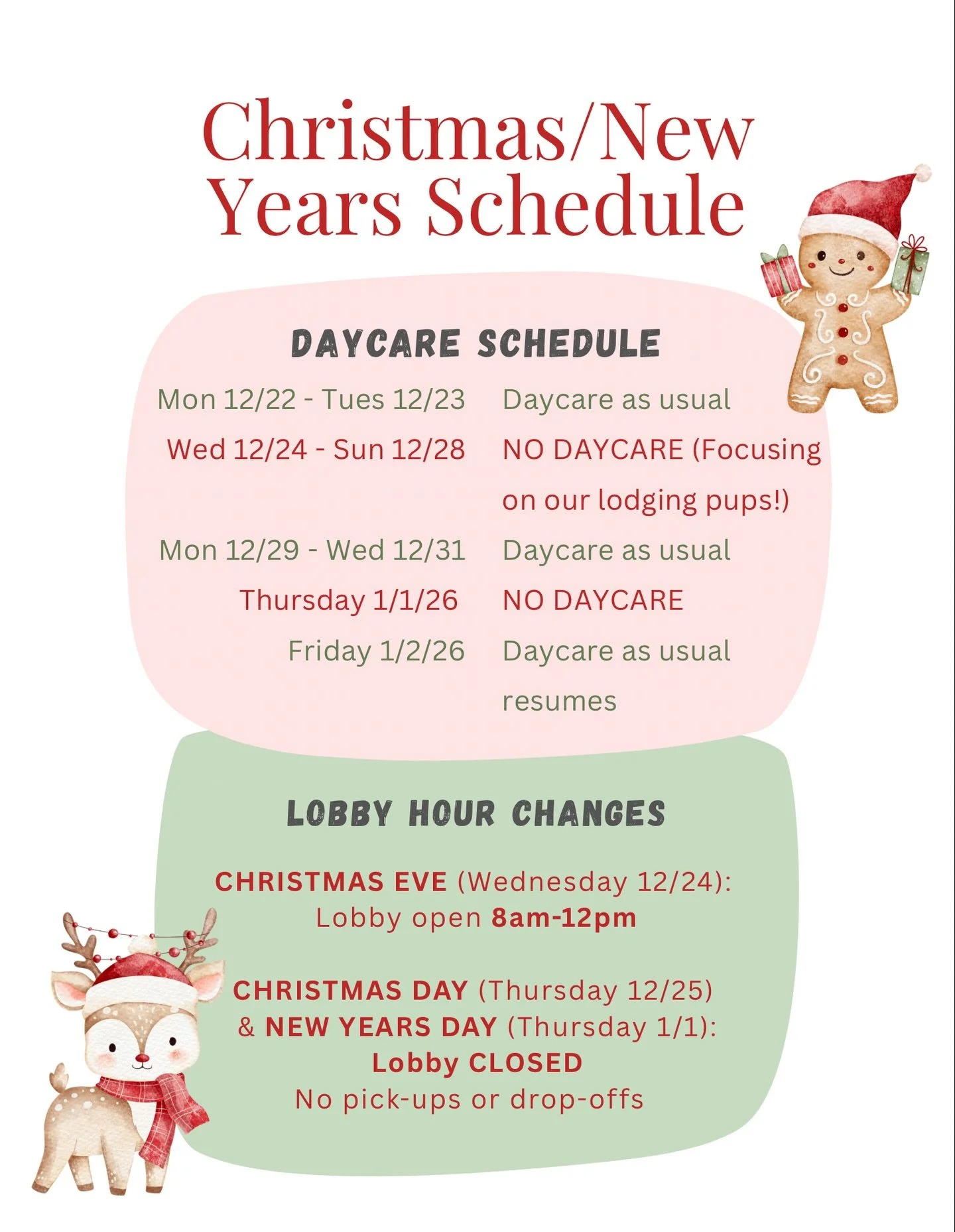 🎄✨ 
Christmas &amp; New Years schedule changes!