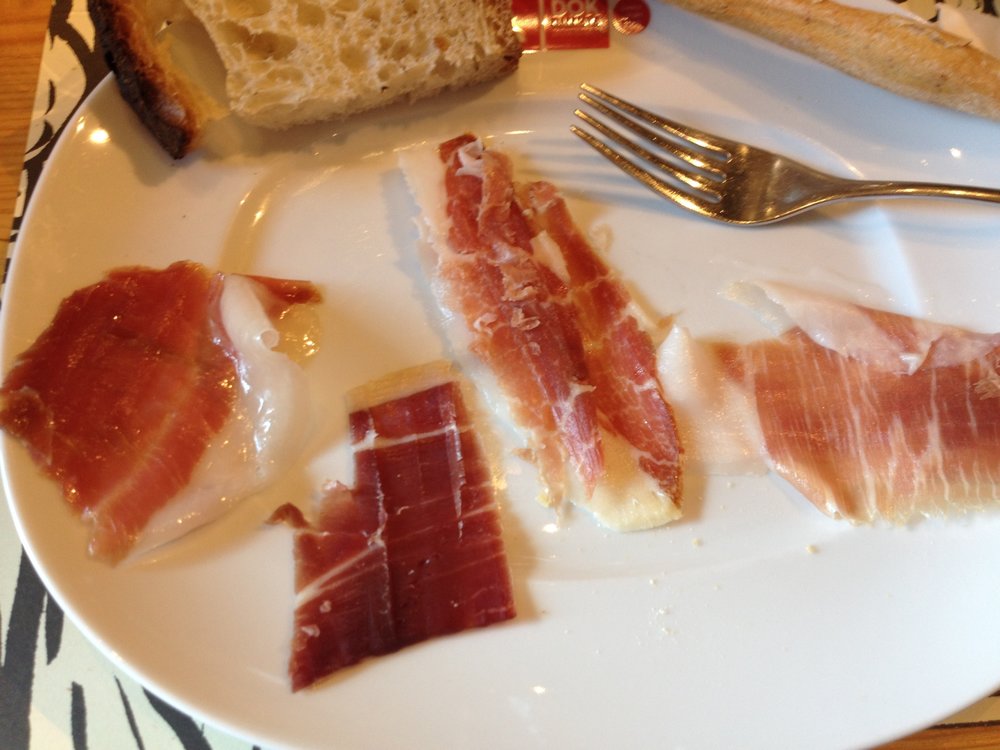 Ham Sampling (left to right):  2 year Mountain Ham, 3 year Mountain Ham, 2 year Scicillian Ham, 2 year Hungarian (Mangalitza) Ham