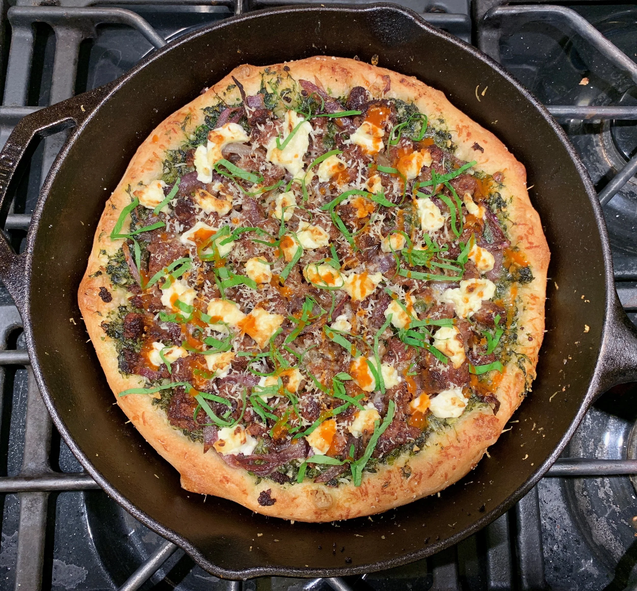 Sausage and Wild Garlic-Mustard Pesto Pizza