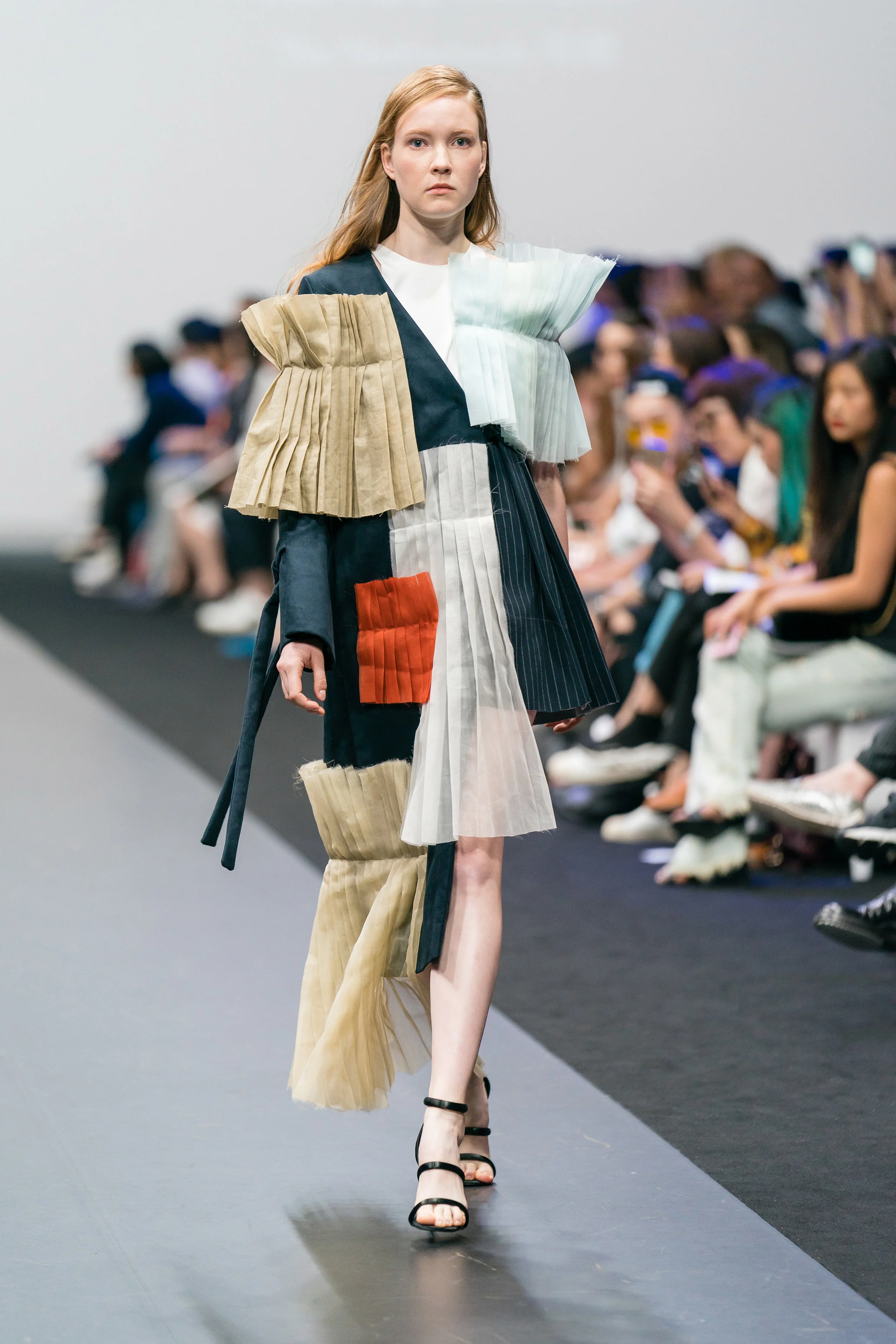 Joëlle van de Pavert Multicolour dress layered with pleated fabric, up-cycled and reconstructed from secondhand clothing and textile swatches