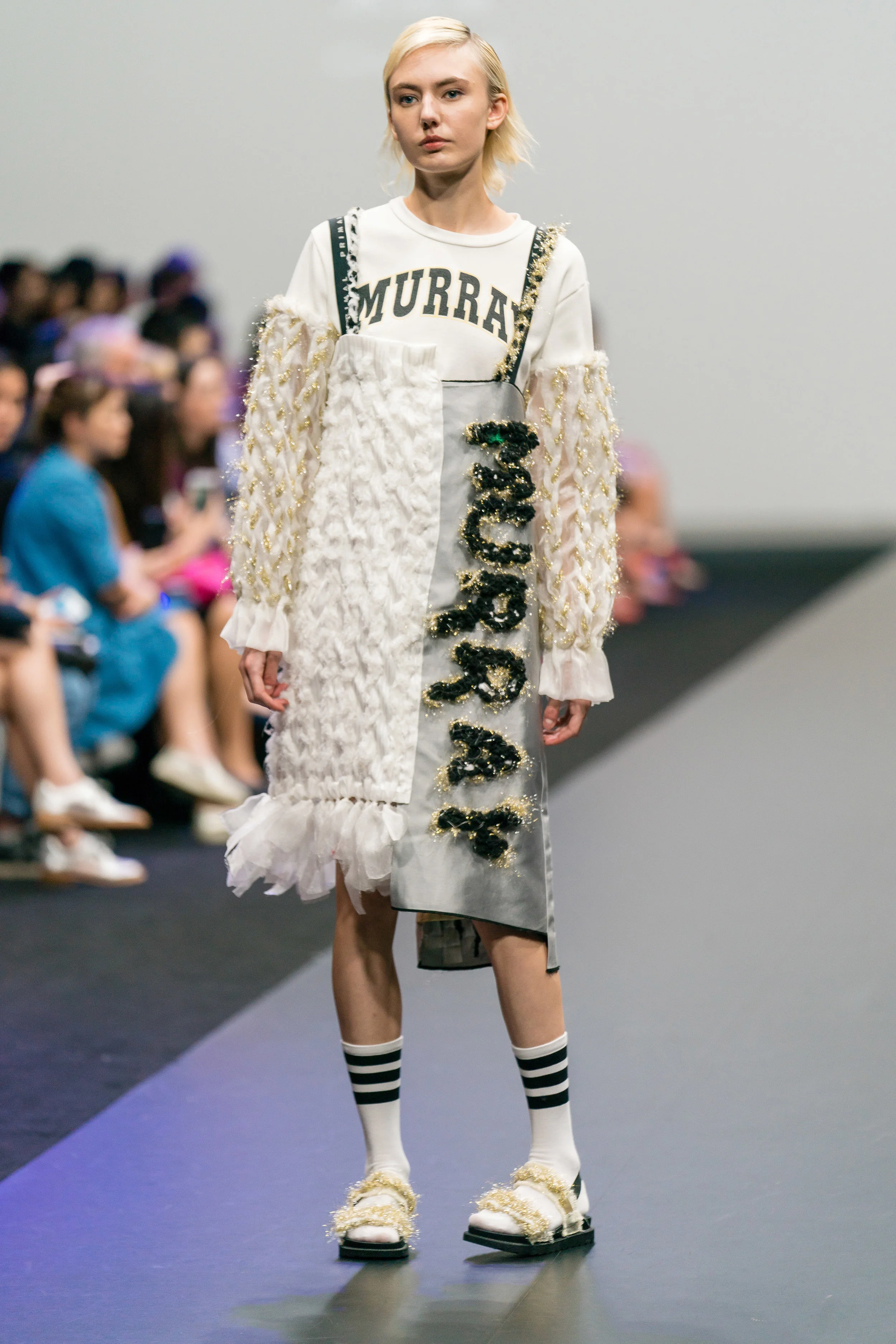 Sung Yi Hsuan Up-cycled white, grey and gold asymmetric dress over reconstructed sweater, made from damaged textiles and secondhand clothing