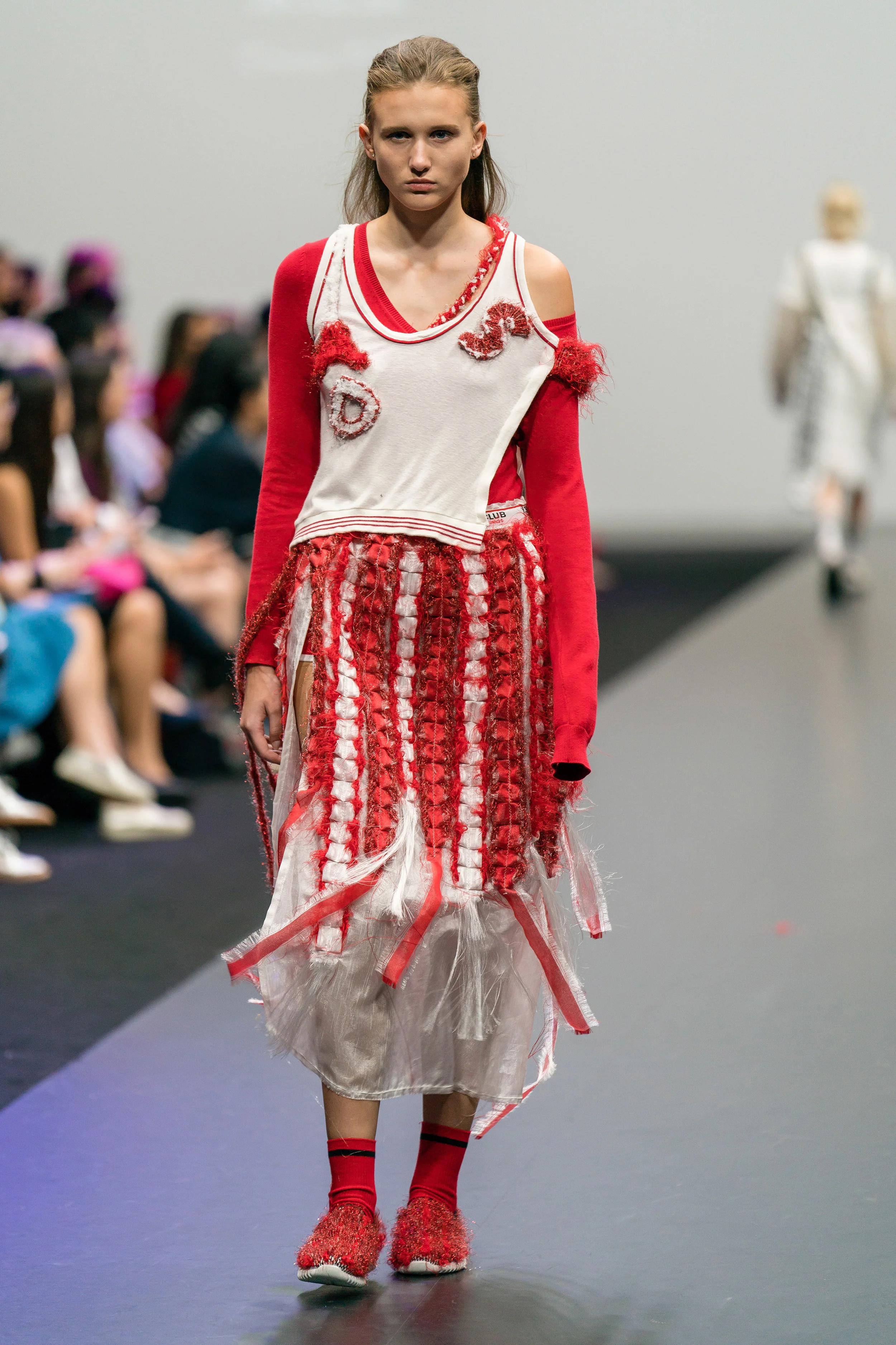Sung Yi Hsuan Reconstructed and up-cycled white and red sweater-dress made from secondhand clothing and damaged textiles