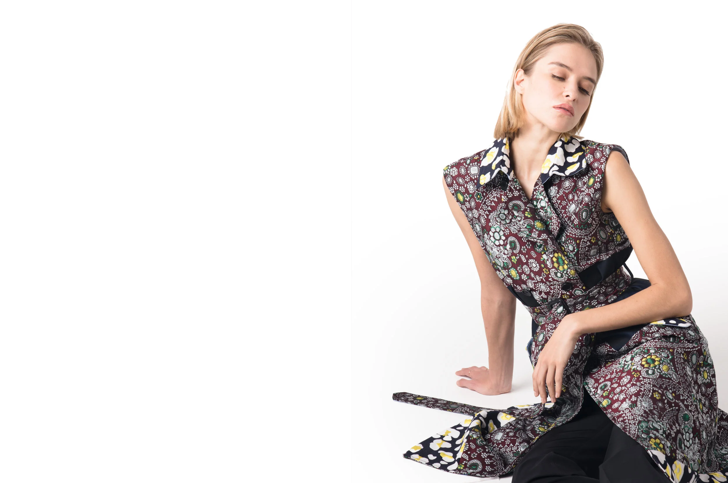 Up-cycled jacquard sleeveless trench from the R Collective trailblazer collection launched exclusively at Barneys New York