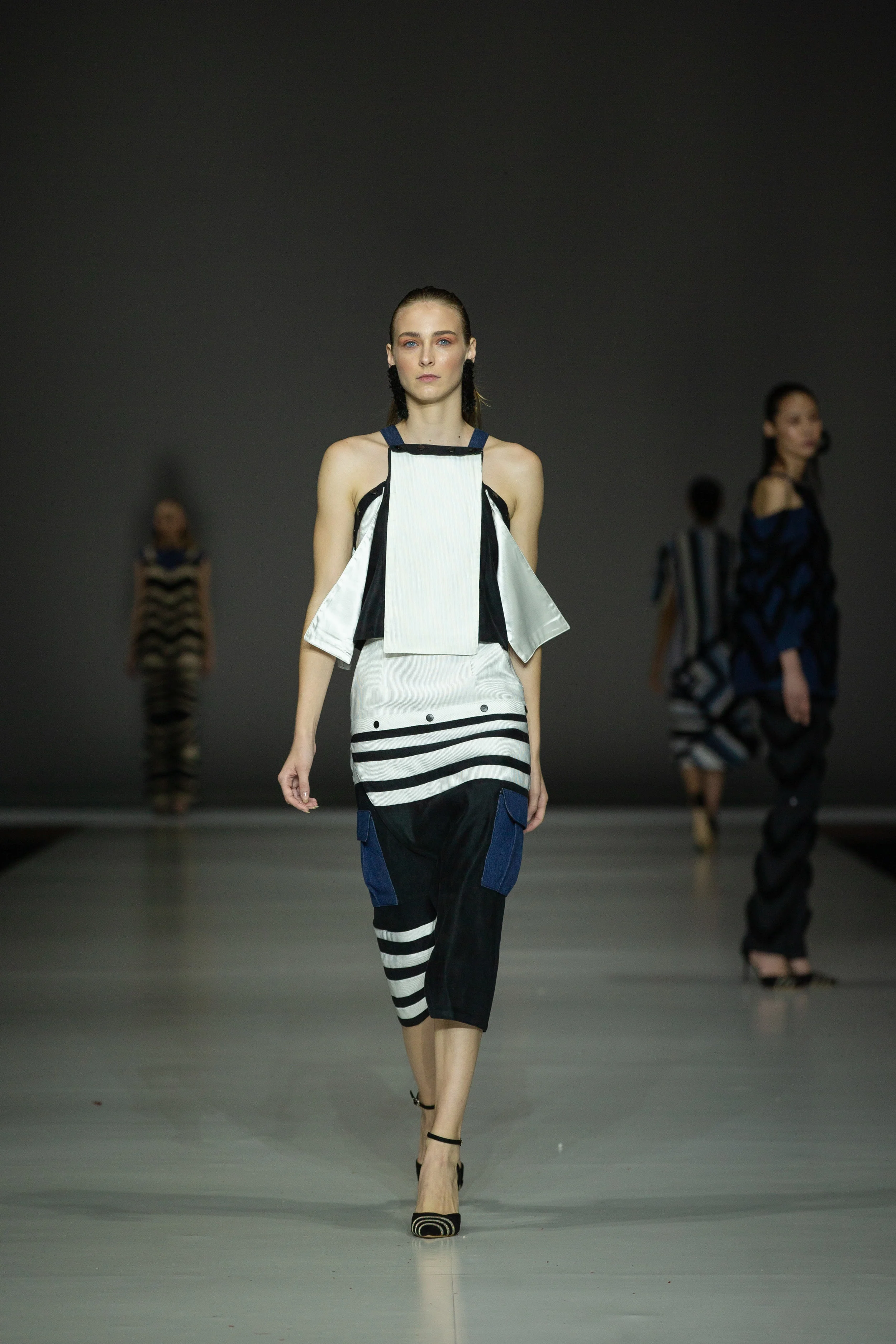 CJ Martin Cut-away top and cross-hem skirt made with reconstructed secondhand jeans and up-cycled curtains