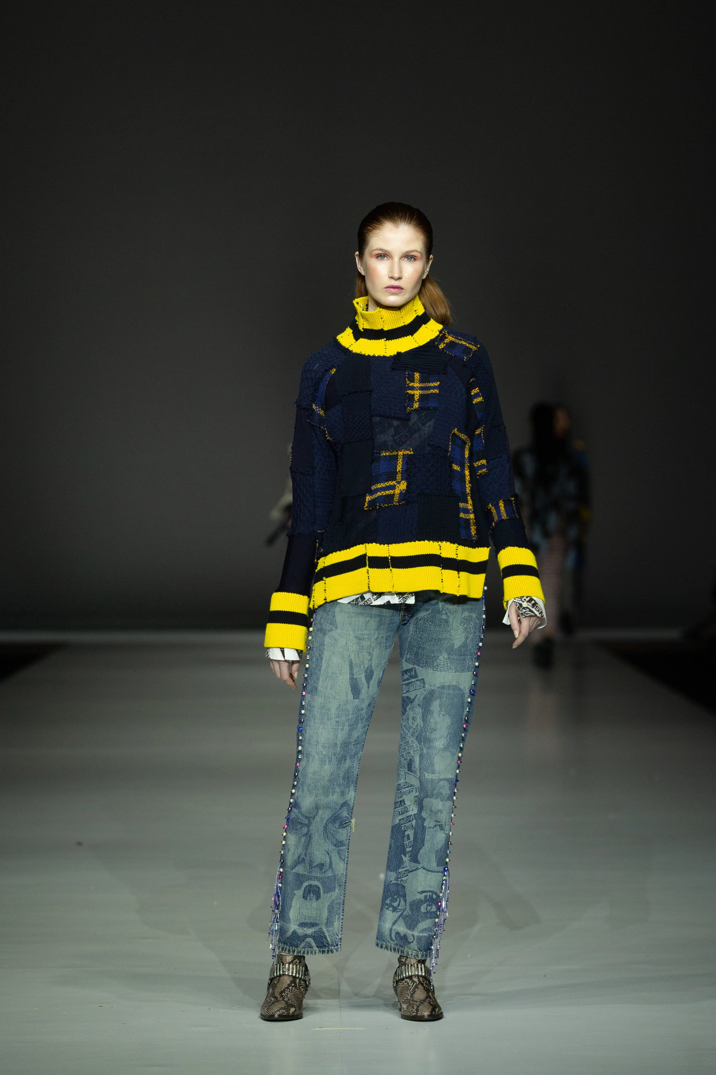 Lea Mose Svendsen Reconstructed secondhand jeans with laser-engraved designs, and embellished with secondhand pearls and beads, paired with reconstructed secondhand shirt with digital print pattern and knitted jumper up-cycled from yarn scraps