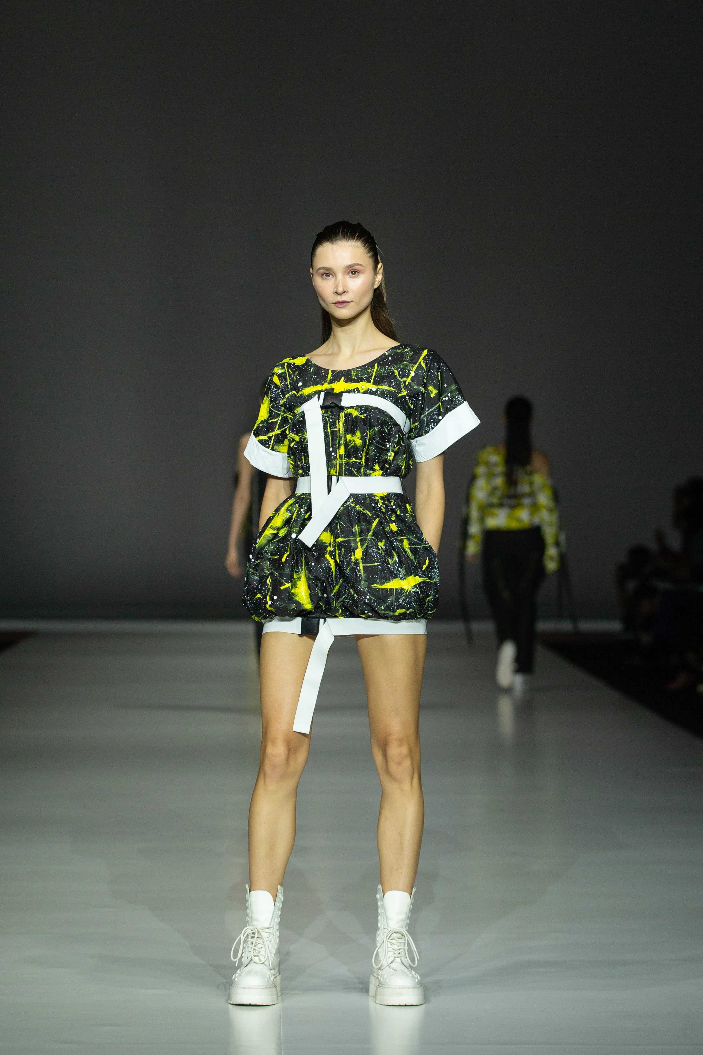 Tess Whitfort Zero-waste belted silk mini-dress up-cycled from end-of-rolls and cut-and-sew waste, and hand-painted with eco-inks