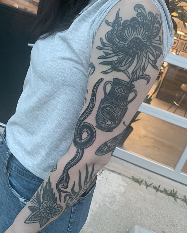 Arm coming along with a new snake for Madison, didn&rsquo;t do the moth on the back or the scorpion on the front. All others by yours truly. Much appreciated! #denvertattooartist #denvertattoo