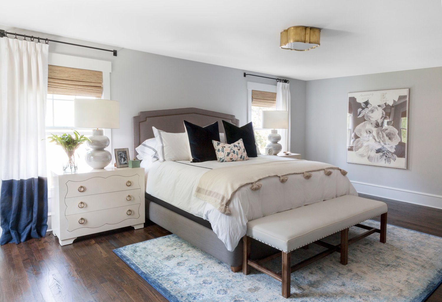 Darker grey bed frame here but I like that it still doesn't bring down the brightness of the room. Our new bedroom will also have 2 windows on either side and I love the look of these roman shades. 