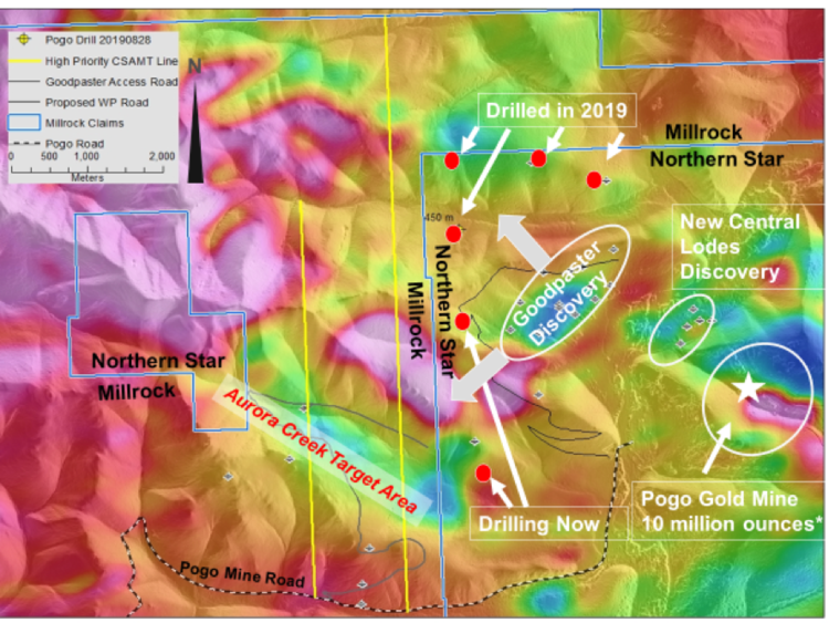 Figure 1:    Aurora Creek Target on Millrock claims adjacent to Northern Star Pogo Gold Mine Property. Pogo Gold Mine approximate gold endowment – Past Production + *Reserve + Resource as reported by Northern Star Mines Limited in a    press release    dated August 1, 2019.