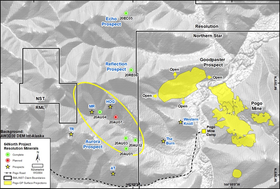 Figure 01.    Aurora, Echo & Reflection Prospects - West Pogo Block, 64North Project Alaska, current drilling focus.