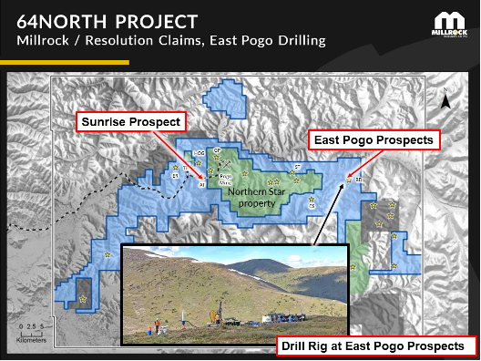 Figure 2.  Reverse circulation drill rig in operation on the East Pogo block, 64North Gold Project,