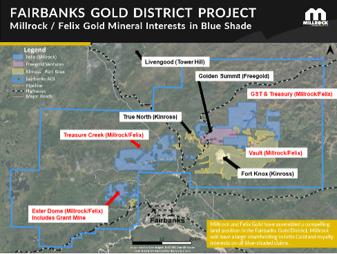 Figure 4. Blue shading indicates Millrock / Felix Gold mineral land holdings in the Fairbanks Gold District, Alaska.