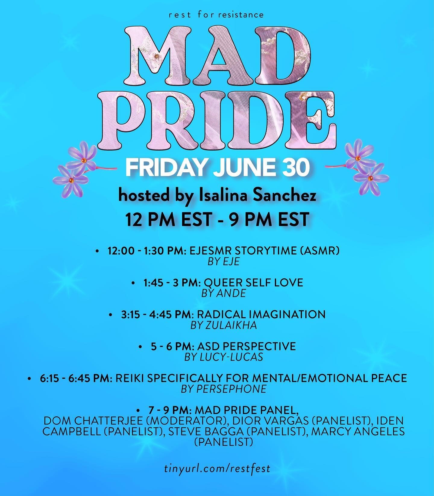 ✨REST FEST is a testimony to those who are left behind ✨!

Tomorrow, REST FEST is honoring the Mad Pride movement, which arose in the 1990s as psychiatric survivors began to push against the harms within the mental health system. Isalina Sanchez will