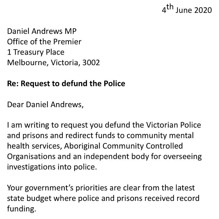 I&rsquo;ve written a letter to Daniel Andrews, Lisa Neville and Ben Carroll requesting the police be defunded.
.

I have a link to the letter in my bio If you would find it helpful to use as a template. Obviously feel free to change it to suit your k