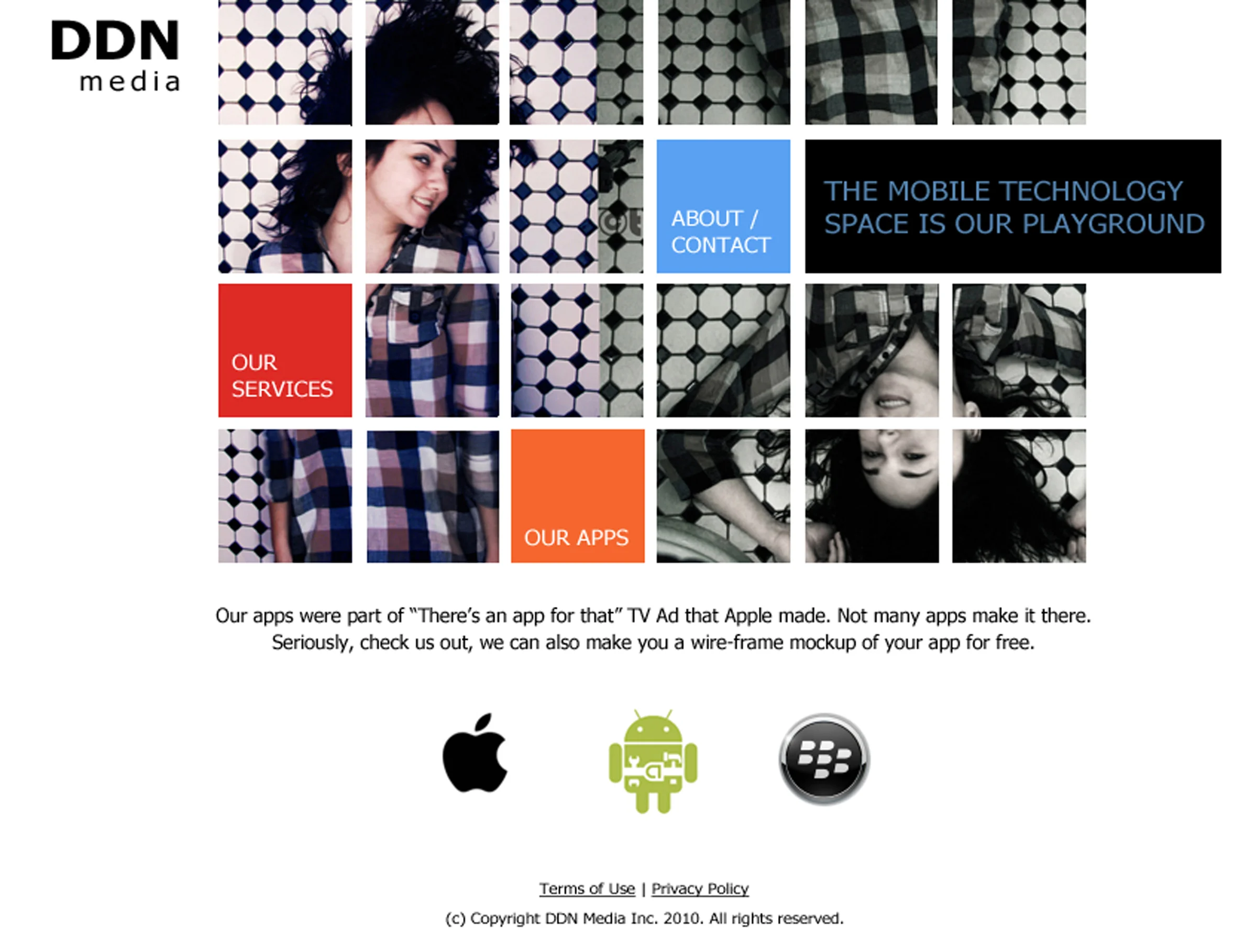 A grid of photos featuring two women with dark hair and plaid shirts, with some photos in black and white, and overlays that read 'ABOUT/CONTACT', 'OUR SERVICES', and 'OUR APPS'. The top left corner displays the logo 'DDN media'. Below the grid, ther