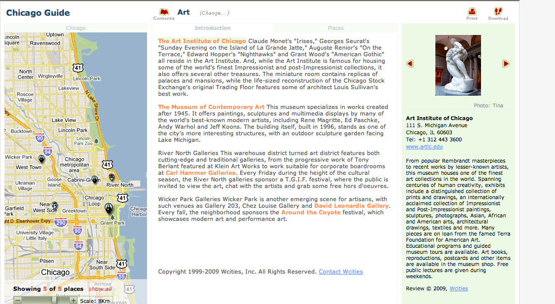 Screenshot of a map of Chicago on the left and an informational webpage about art institutions in Chicago on the right, with a small image of a sculpture at the top right.