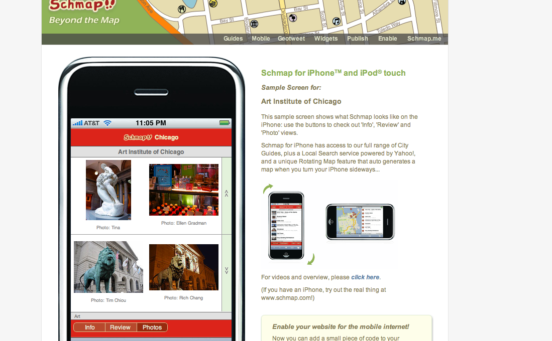Sample screenshot of Schmap app on iPhone showing Art Institute of Chicago photos with navigation buttons.