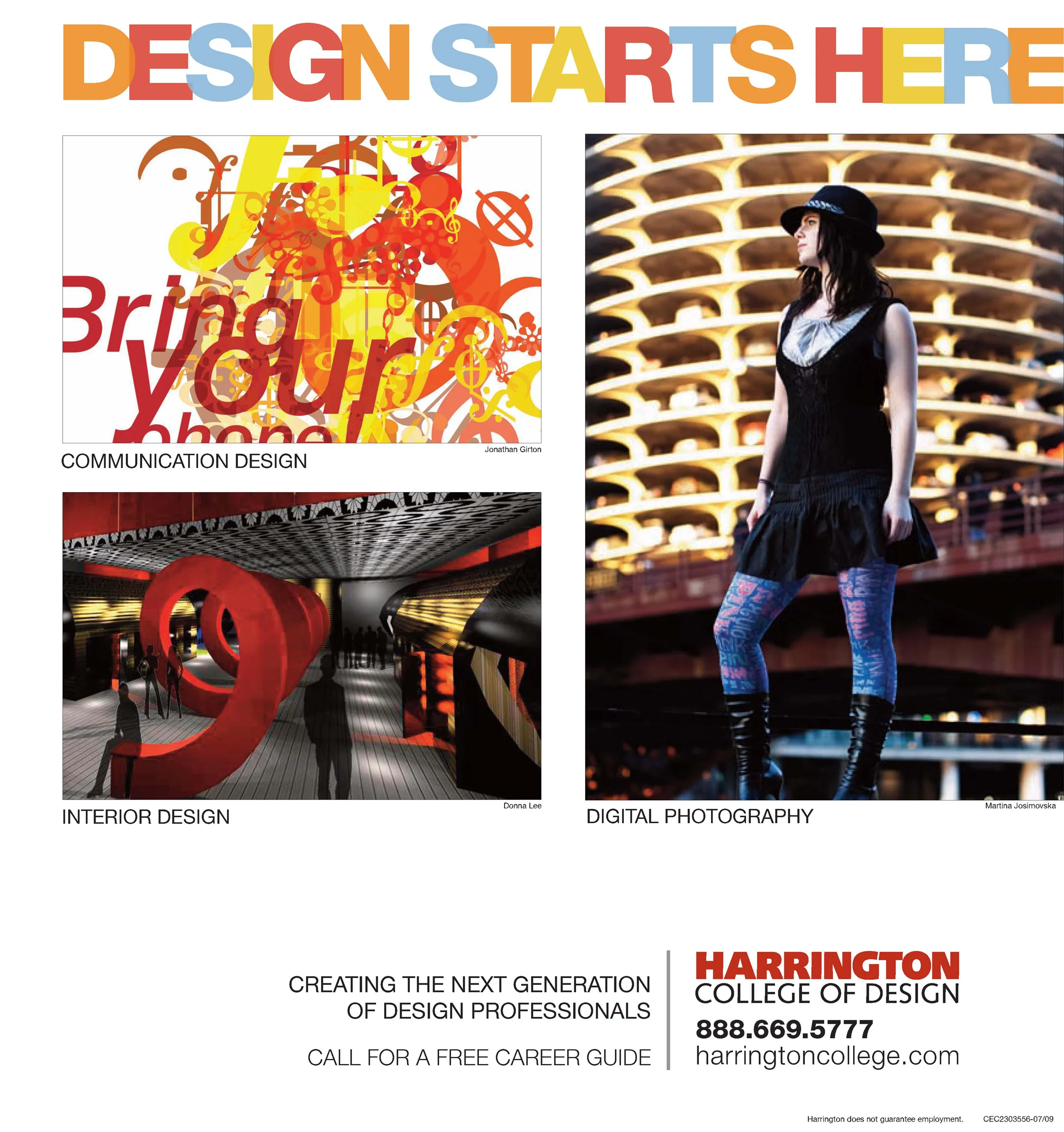 A collage advertising Harrington College of Design, showcasing three design categories: communication design with colorful abstract typography and graphics, interior design with a modern installation featuring large red numbers, and digital photograp