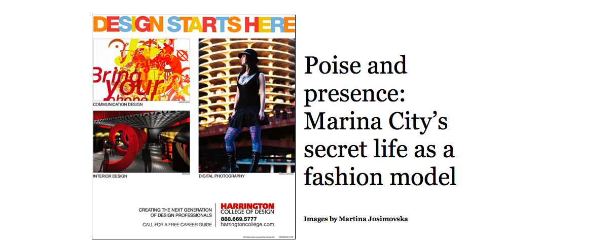 Cover page of a magazine or report featuring design and fashion content, with images of interior design, digital photography, and a woman modeling in an urban setting, alongside text about Marina City's role as a fashion model and design professional