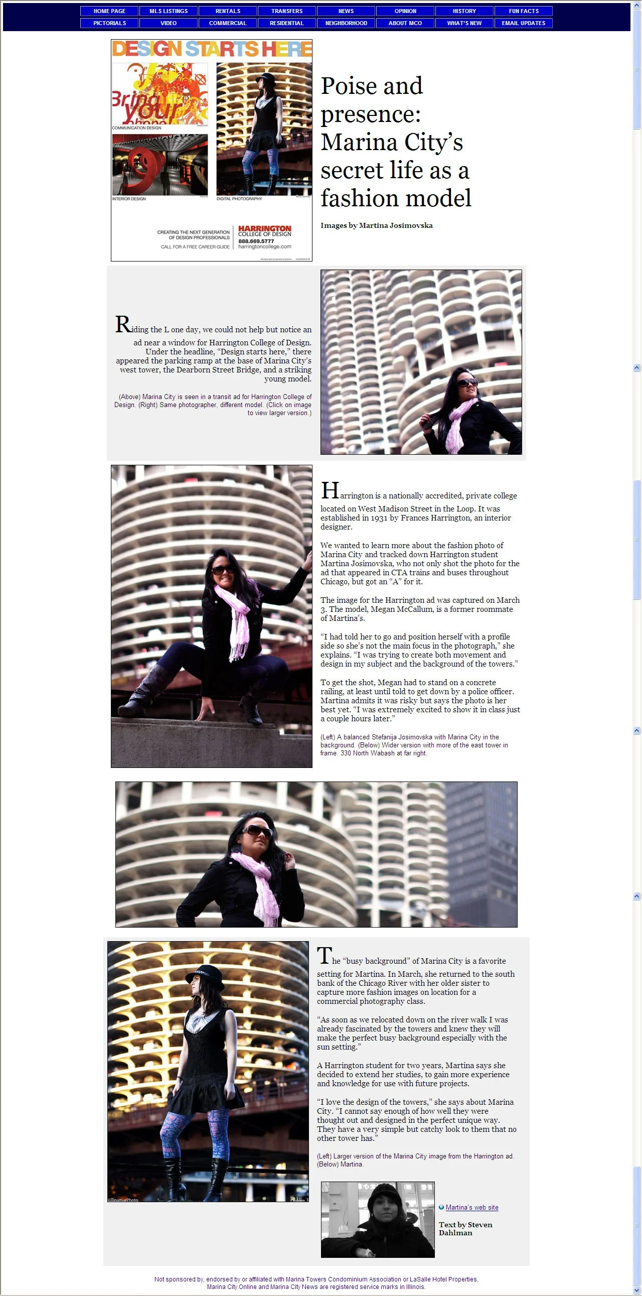 A magazine or newspaper page featuring a story about Marina City in Chicago. The page includes multiple photos of a woman posing in front of the Marina City towers, with articles describing its architecture and photo shoot details.