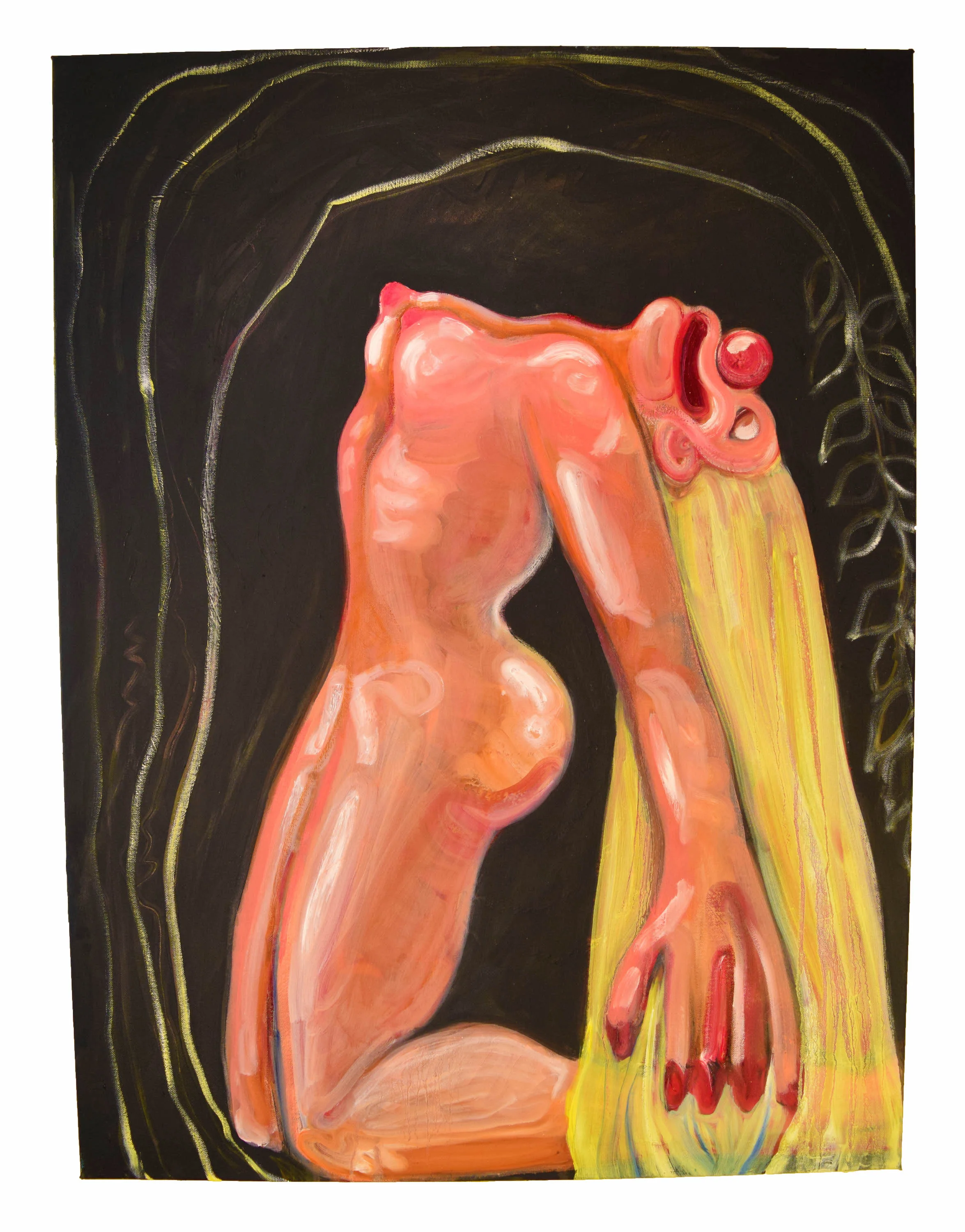 “Bend Over Backwards” , Oil paint, spray paint and graphite on canvas. 40“ x 30” x 1”.