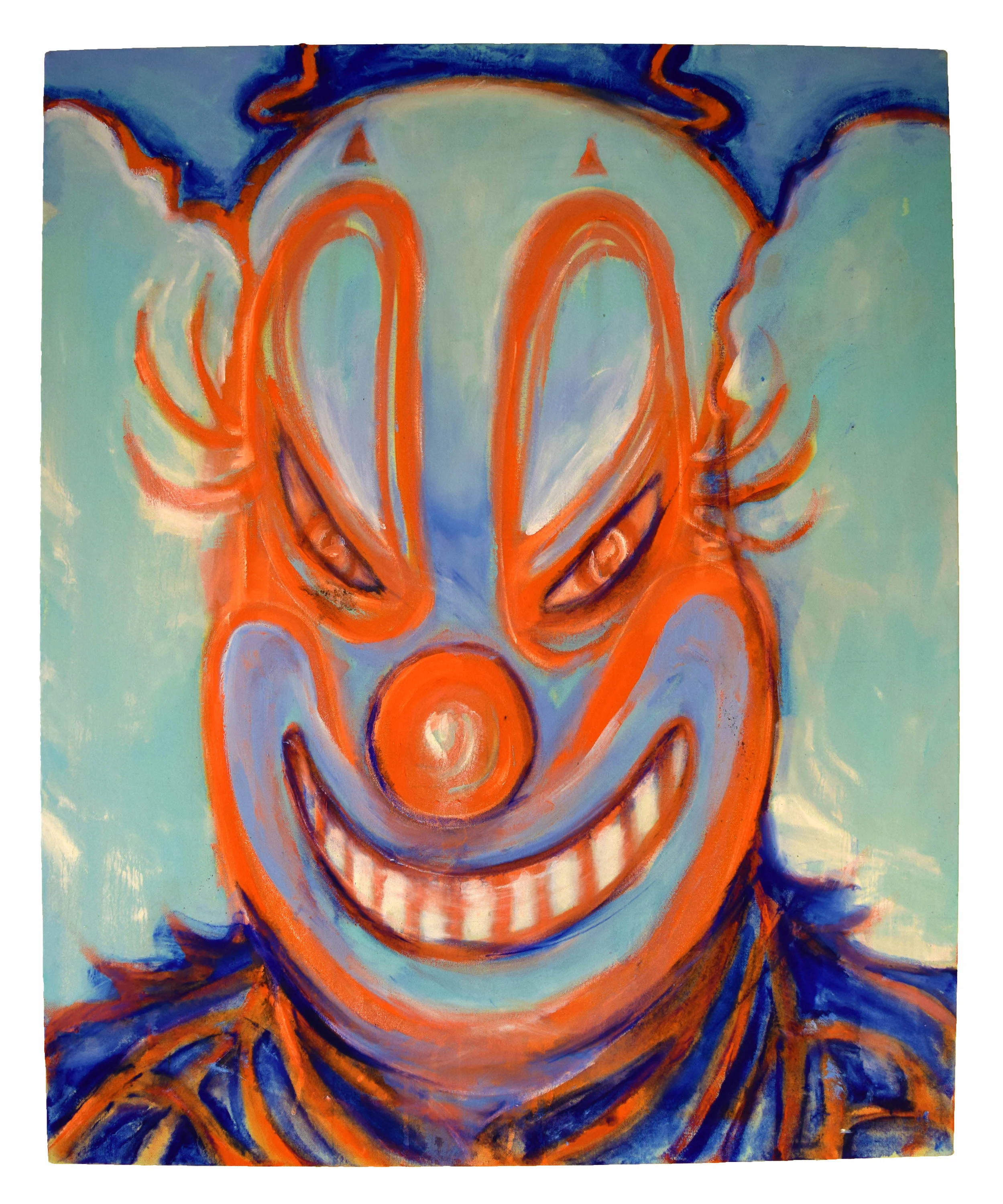 “Smiling clown” , Oil paint, acrylic paint, spray paint and ink on canvas. 37” x 30” x 1”.