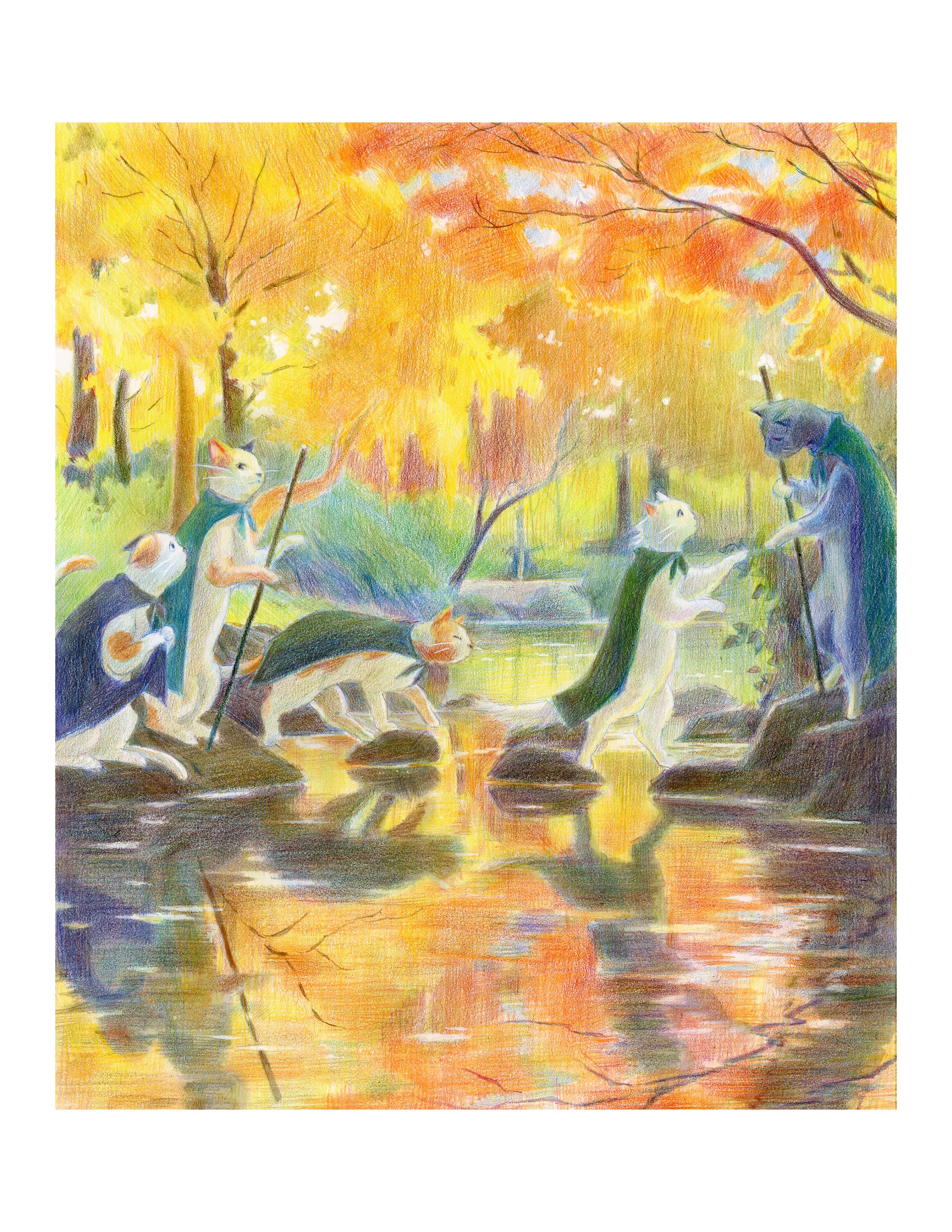 Across the Autumn River - Original Colored Pencil Artwork