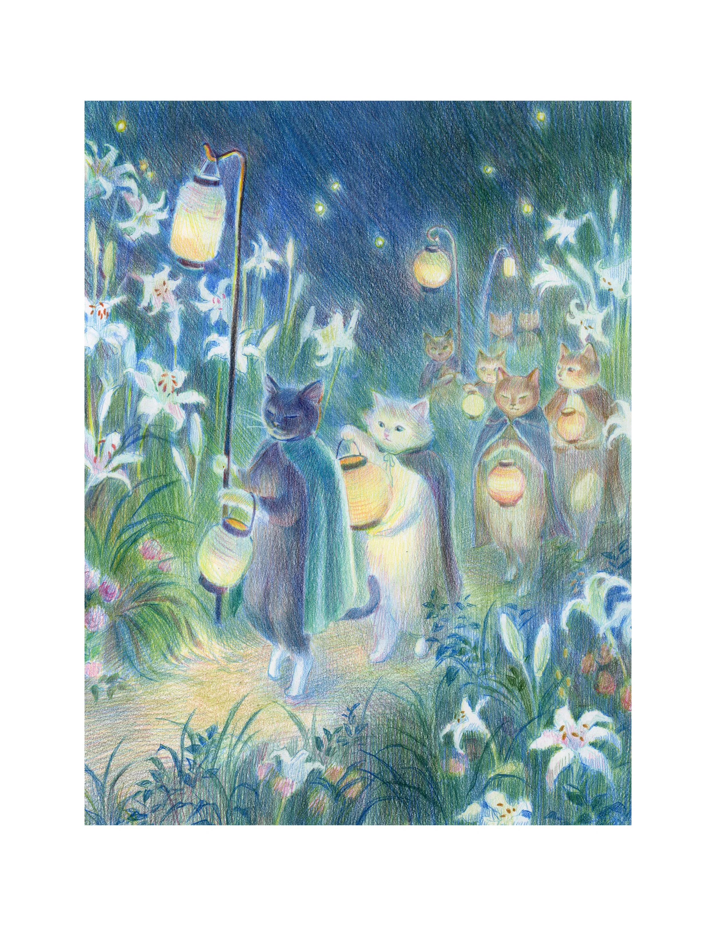 Late Night Through The Lily Field - Original Colored Pencil Artwork