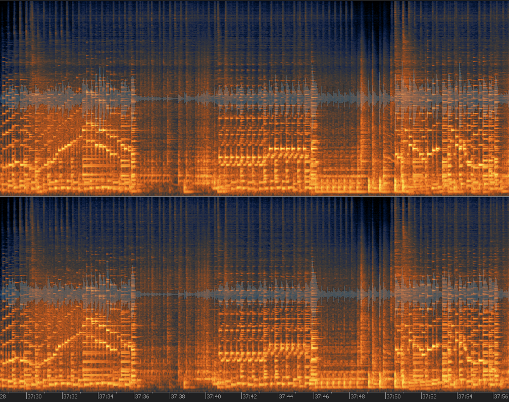 A Spectral Display of a stereo piano track, the brighter the orange the louder it is. Low sounds are down, higher pitches up.