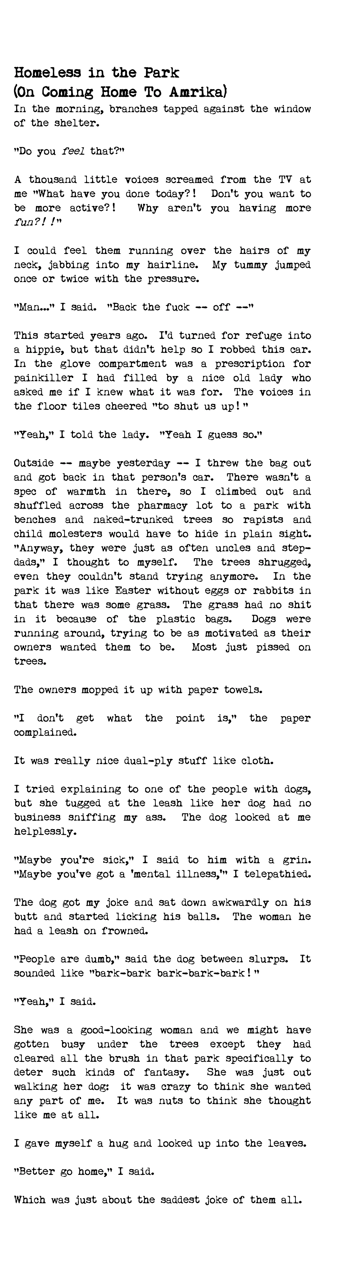 Homeless in the Park (On Coming Home To Amrika)