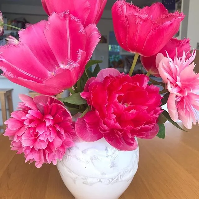 Friday flowers. All from the garden. The peonies came with our house but I planted the tulips last year.
.
.
.
.
#happyfriday 
#sayitwithflowers 
#peonies #tulips #garden #homegrown #pink #cerise #flowers #tgif #colourinspo #brightenupyourday #homesc