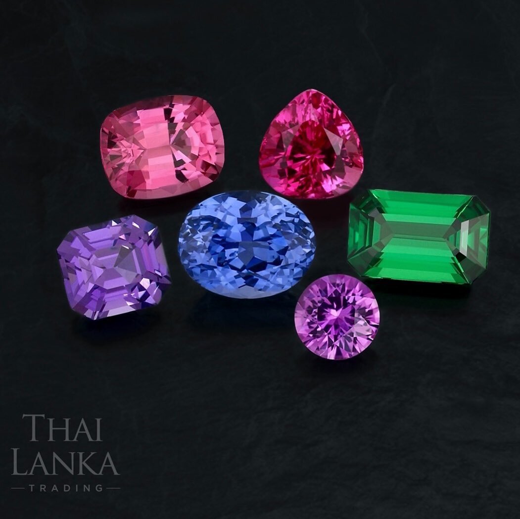 What&rsquo;s life without color? 🌈 
____________________________________________⁠
▪️Gems Featured: Pink Spinel Cushion, Pinkish Ruby Pear, Tsavorite Emerald Cut, Purple Sapphire Round, Blue Sapphire Oval, Purple Sapphire Emerald Cut ⁠
▪️DM for Detai