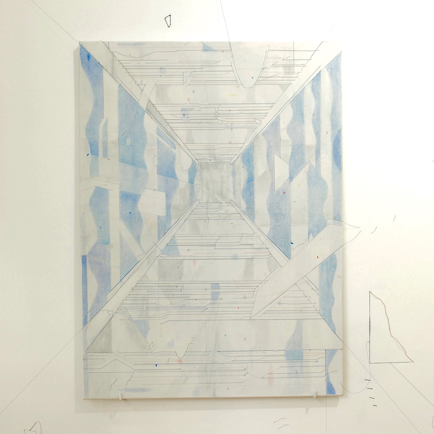   Keita Mori,  Bug Report (Potemkim stairs) , 2016. Fil de coton et fil de soie, acrylique, Caran d’Ache sur toile, 100 cm x 70 cm   