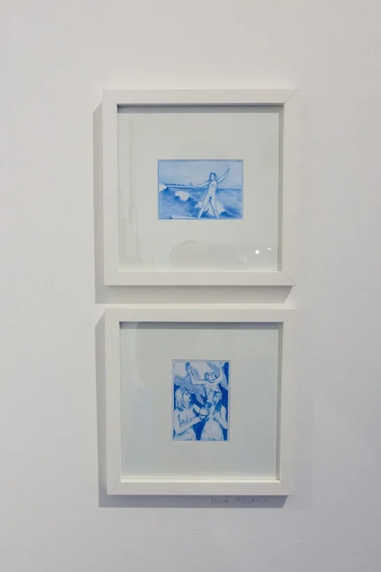 Vue d'ensemble des oeuvres au crayon sur carte postale d'Olivier Millagou (de h. en b. : Emma, Cap Saint-Louis , 10,5 cm x 14,8 cm, Anne-Sophie, Héléna et Mookie , 10,5 cm x 14,8 cm), 2017