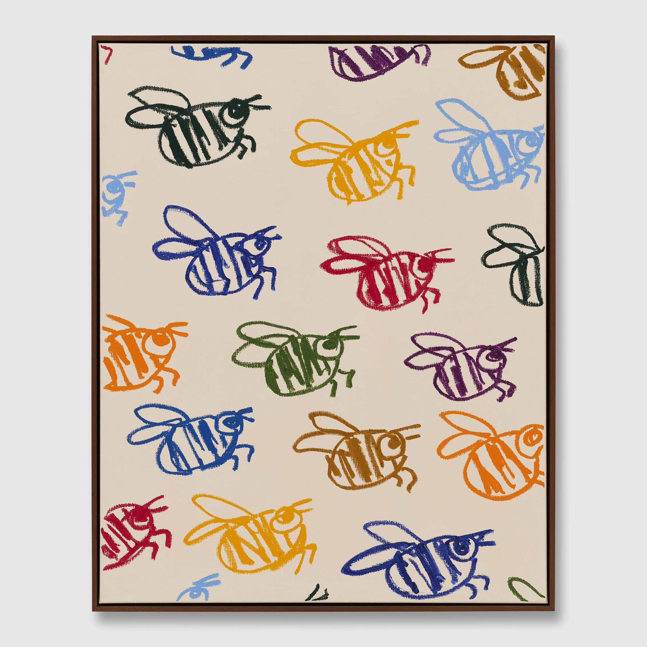   B.D. Graft   Colourful Bees , 2024 Acrylic and oil stick on linen 100 x 80 cm · 39,5 x 31,5 in 103 x 83 cm · 41 x 33 in framed 