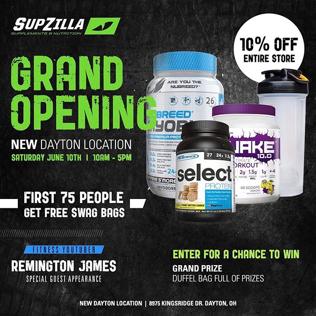 SupZilla Nation is coming for you Dayton, OH!!!
We'll be celebrating our Grand Opening event this Saturday, June 10th, from 10am-5pm!!! The first 75 customers through the door will receive FREE SAMPLE BAGS filled with goodies. Remington James will be