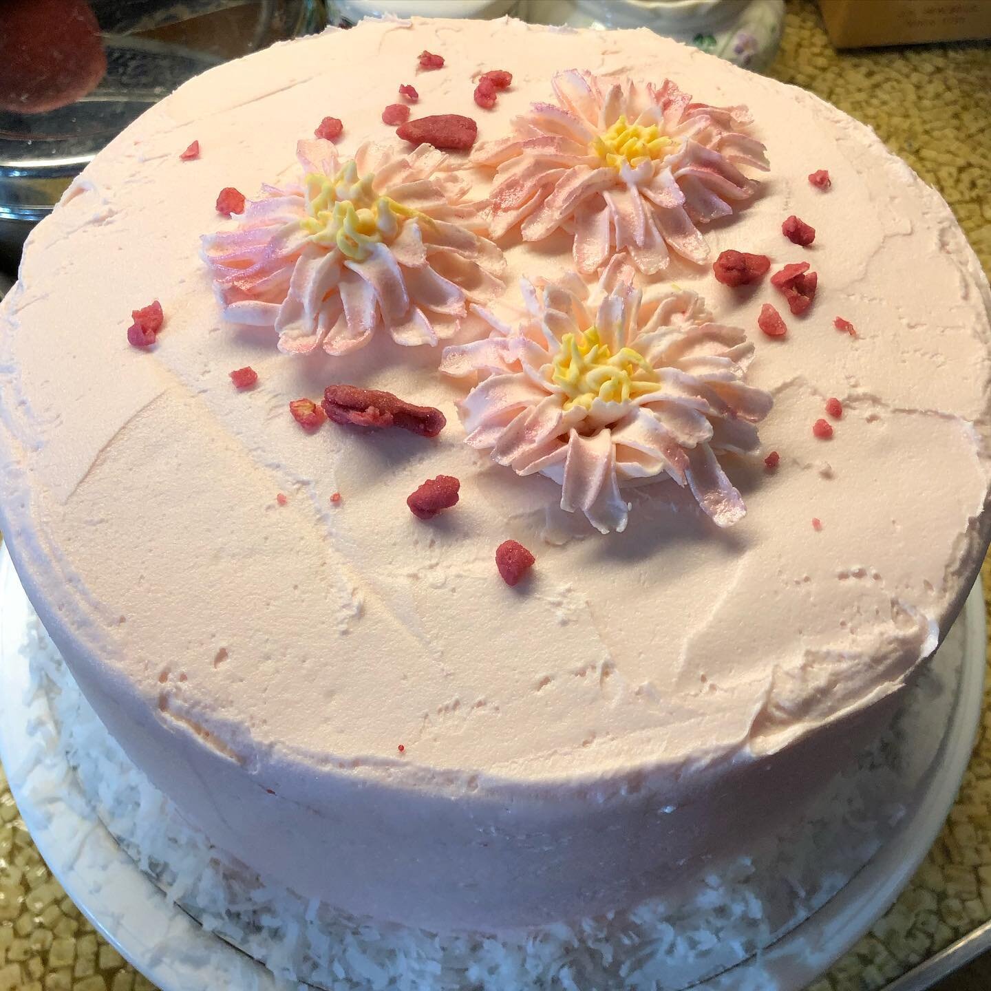 What I did on my summer vacation... pink champagne cake with candied rose petals and buttercream flowers.